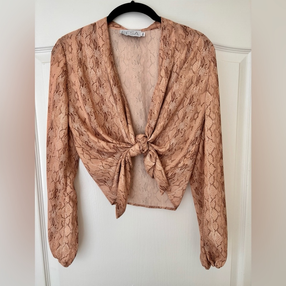 RESA Luna Blouse Top in Boa Snake Print Tie Front Long Sleeve